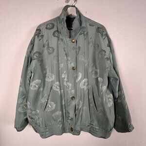 Vintage Mureli Womens Silk Floral Bomber Jacket Medium Light Green Gold Metallic